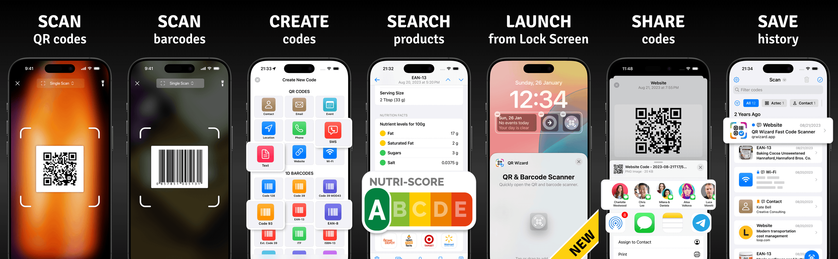 QRWizard App Screenshots showing QR code scanning and creation interface
